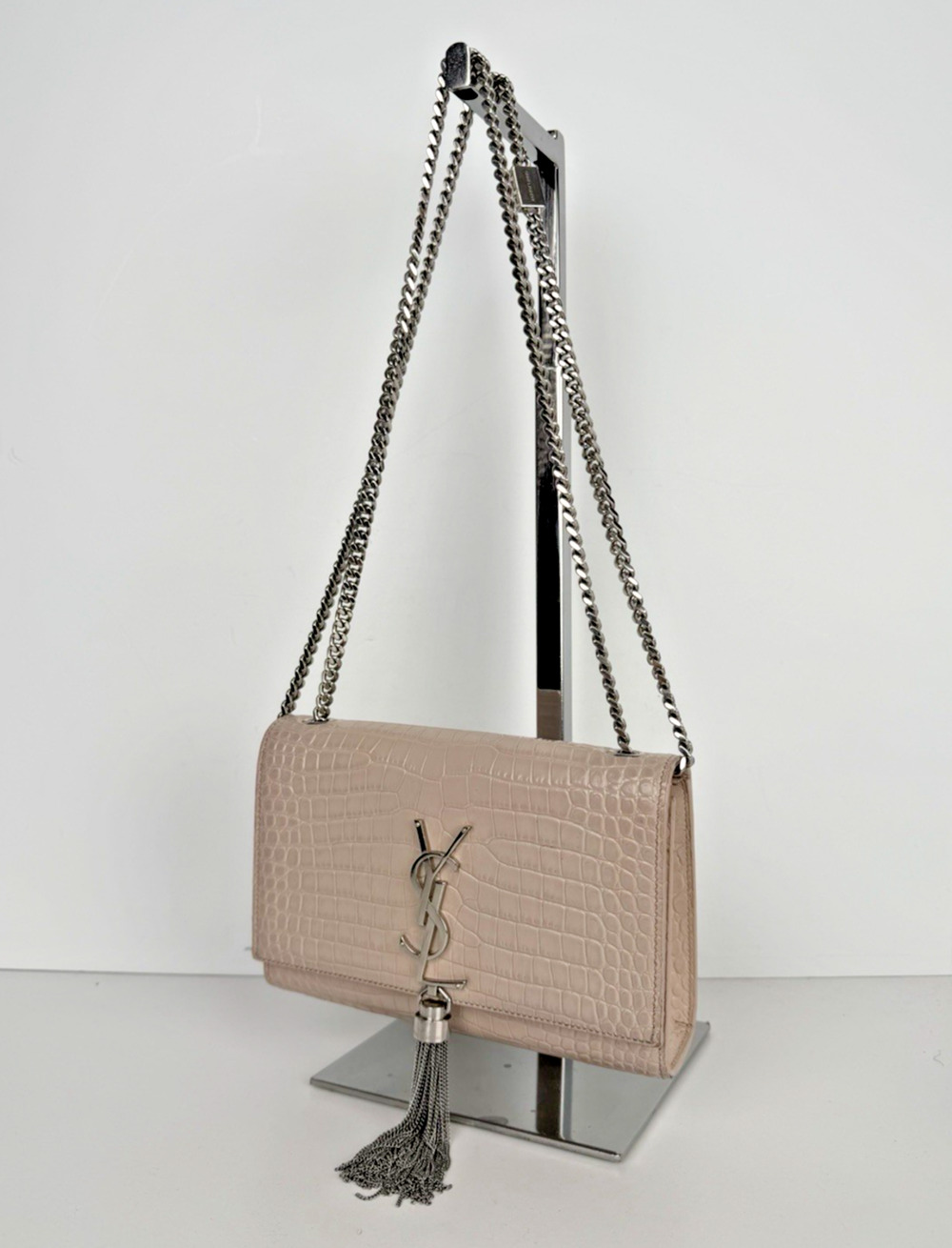 Saint Laurent Kate Monogram Tassel Bag Small Dusty Pink Croc-Embossed Leather S4